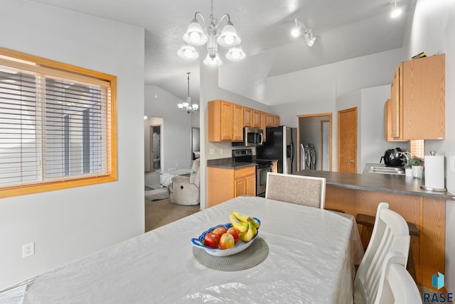 dining area featuring lofted ceiling, rail lighting, a notable chandelier, and sink