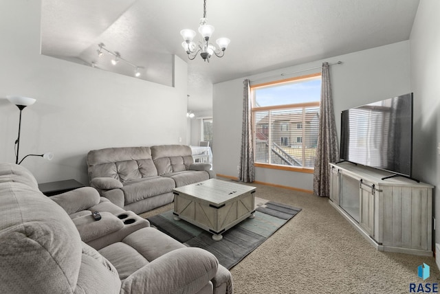 carpeted living room with lofted ceiling and a chandelier