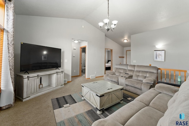 carpeted living room with lofted ceiling and an inviting chandelier