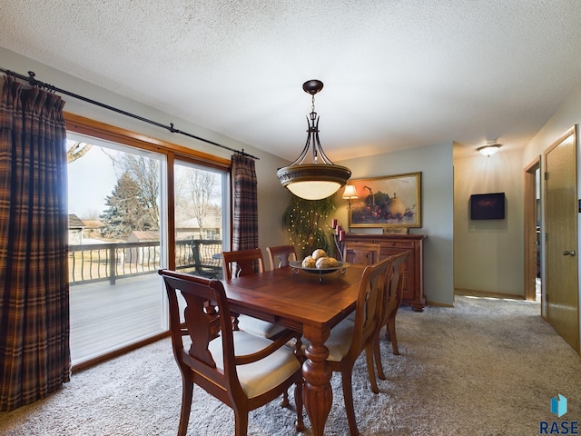 dining space featuring carpet floors and a textured ceiling