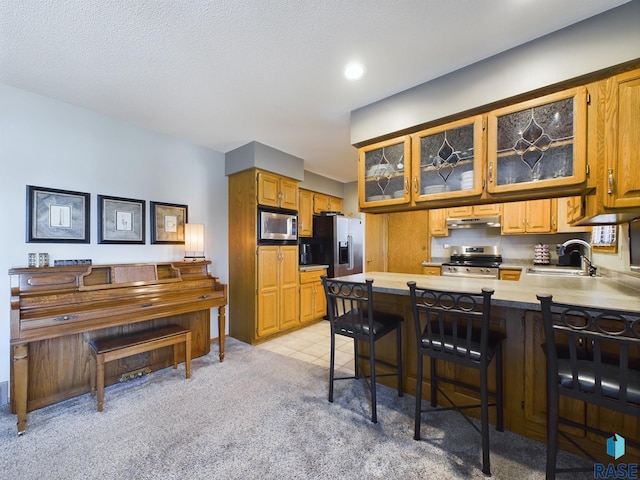 kitchen with light carpet, sink, a kitchen bar, kitchen peninsula, and stainless steel appliances