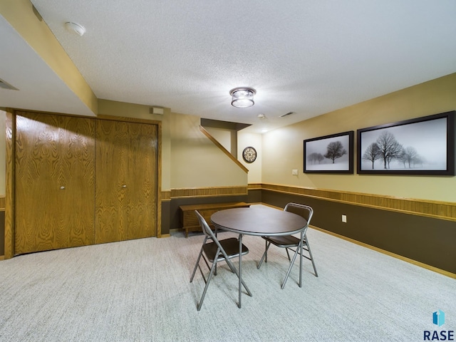 playroom featuring light colored carpet and a textured ceiling