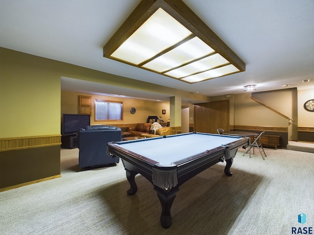 recreation room with light colored carpet and billiards