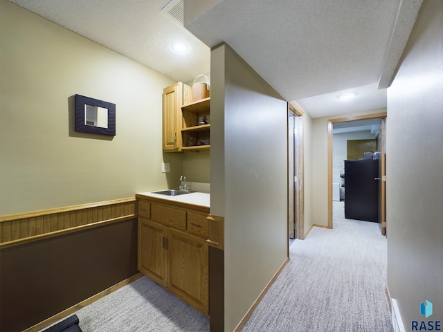 interior space featuring a textured ceiling, light colored carpet, and sink