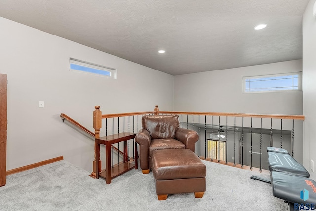 sitting room with plenty of natural light, carpet floors, and a textured ceiling