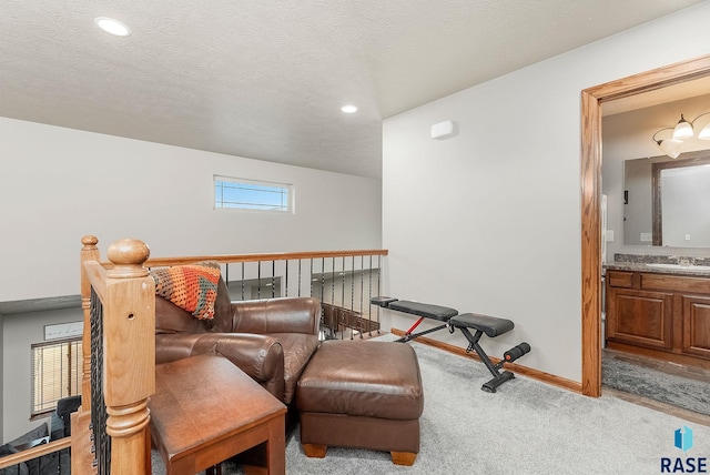 sitting room with light colored carpet and a textured ceiling