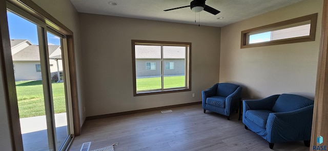 living area with ceiling fan, plenty of natural light, and light hardwood / wood-style flooring