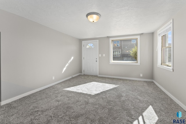 foyer featuring carpet flooring and a textured ceiling