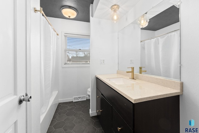 full bathroom with tile patterned flooring, vanity, toilet, and shower / bathtub combination with curtain