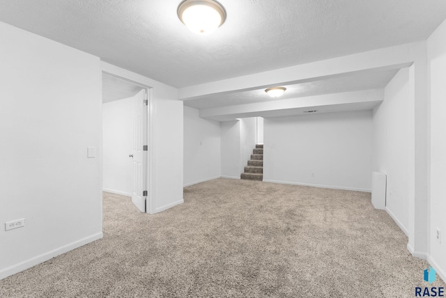 basement featuring carpet and a textured ceiling