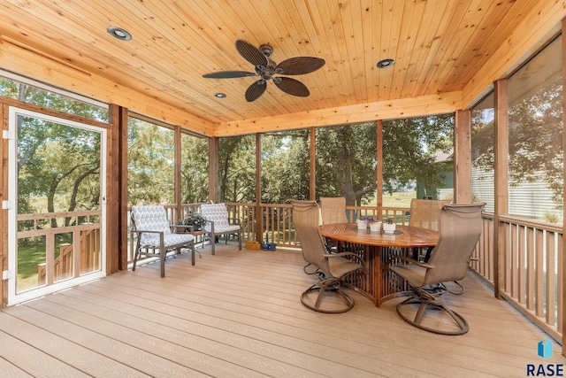 unfurnished sunroom featuring ceiling fan and wood ceiling