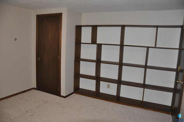 basement with light colored carpet and a textured ceiling