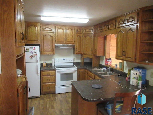 kitchen featuring kitchen peninsula, white appliances, dark hardwood / wood-style floors, and sink