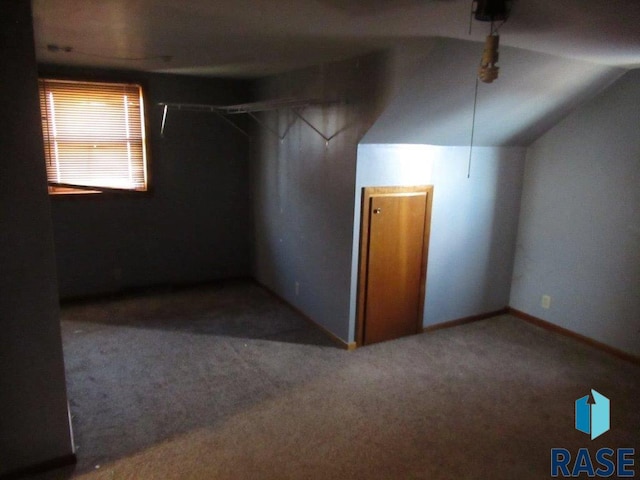 interior space with carpet flooring and vaulted ceiling