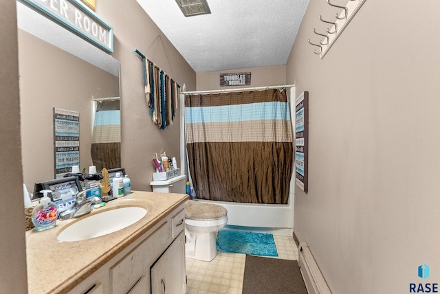 full bathroom with vanity, shower / bath combo, toilet, and a textured ceiling