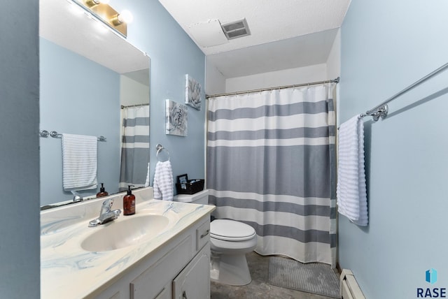 bathroom with vanity, toilet, baseboard heating, a textured ceiling, and curtained shower