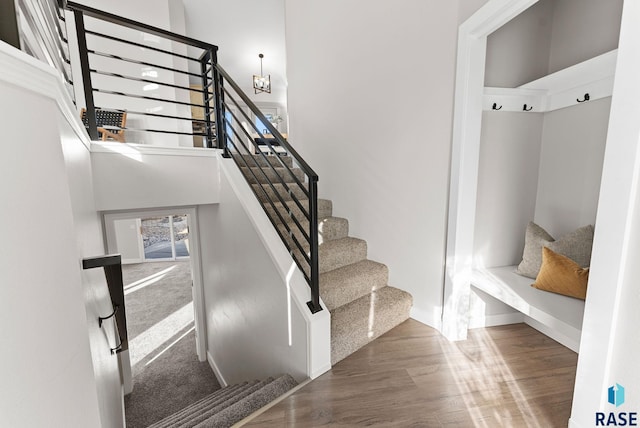 staircase featuring hardwood / wood-style floors, a towering ceiling, and a notable chandelier