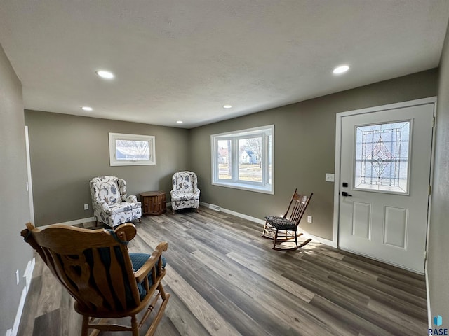 sitting room featuring wood-type flooring and a textured ceiling