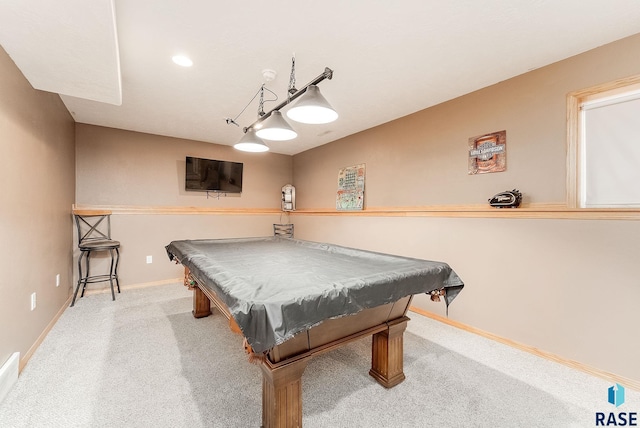 recreation room featuring light carpet and pool table