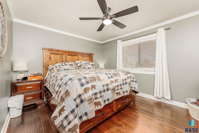 bedroom featuring ceiling fan, crown molding, and dark wood-type flooring