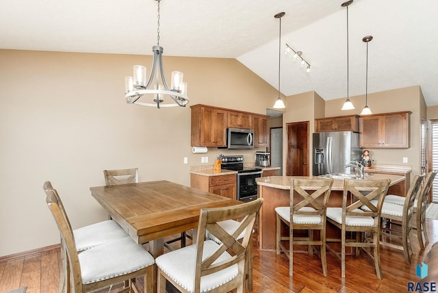 kitchen featuring appliances with stainless steel finishes, pendant lighting, a chandelier, dark hardwood / wood-style floors, and lofted ceiling