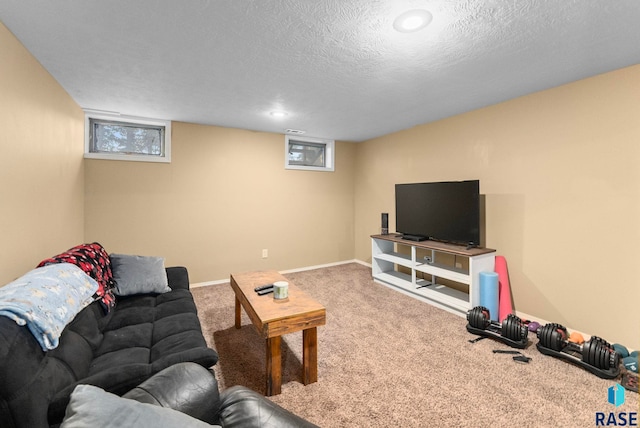 living room featuring carpet and a textured ceiling