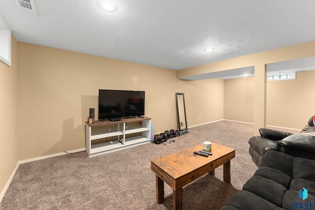 living room with carpet flooring and a textured ceiling