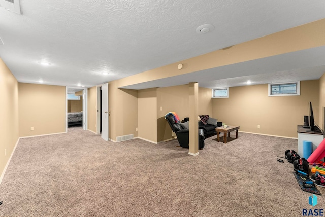 interior space with carpet floors and a textured ceiling