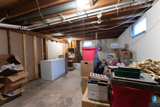 basement with fridge