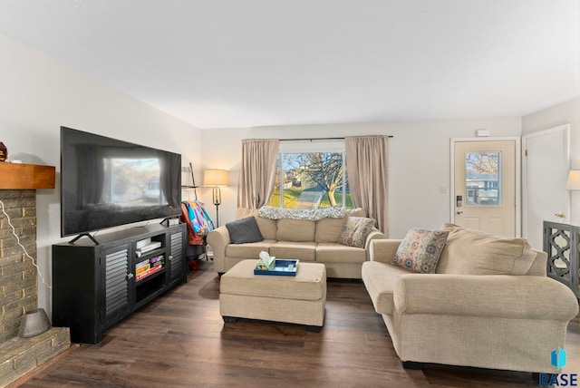 living room featuring a fireplace and dark hardwood / wood-style floors