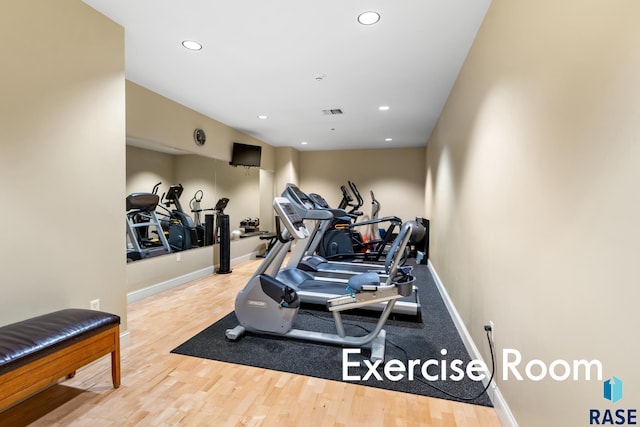 workout room featuring wood-type flooring