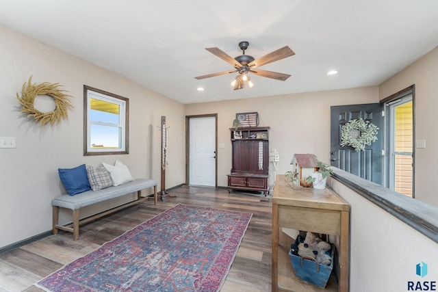 interior space with ceiling fan and wood-type flooring