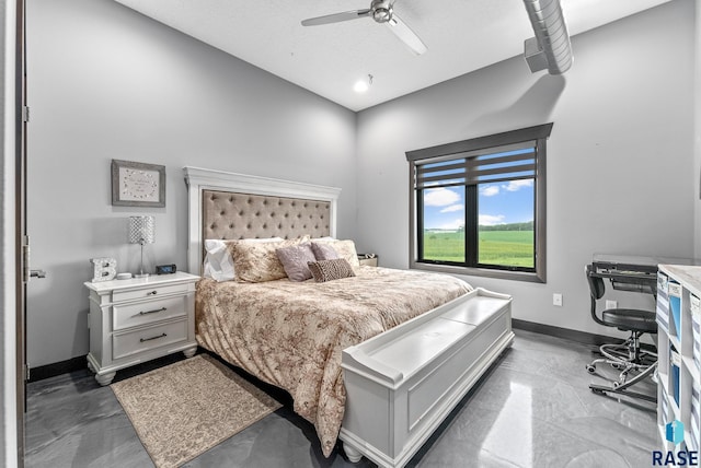 bedroom featuring concrete floors and ceiling fan