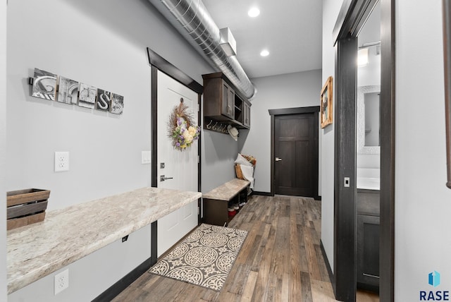 mudroom featuring dark wood-type flooring