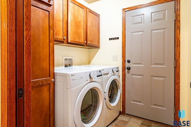 laundry room with cabinets and washing machine and clothes dryer