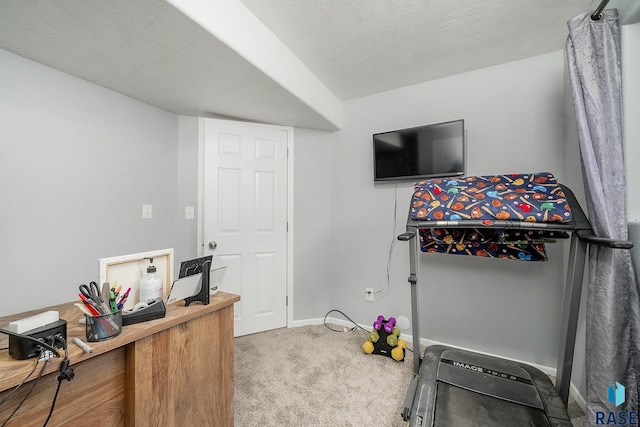 interior space featuring carpet flooring and a textured ceiling