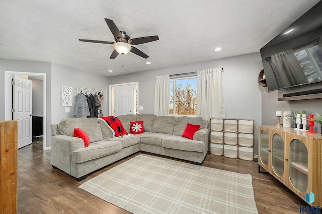 living room with ceiling fan, hardwood / wood-style floors, and a textured ceiling