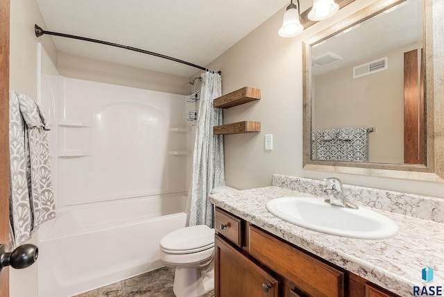 full bathroom featuring shower / bath combination with curtain, vanity, and toilet