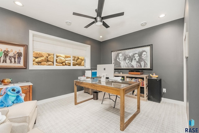 office with recessed lighting, light colored carpet, a ceiling fan, and baseboards