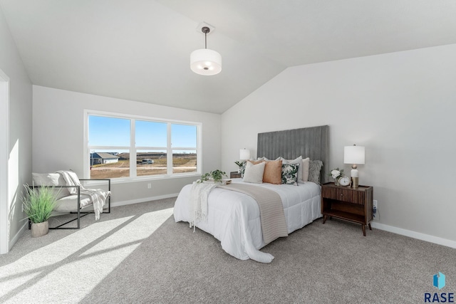 bedroom featuring carpet and lofted ceiling