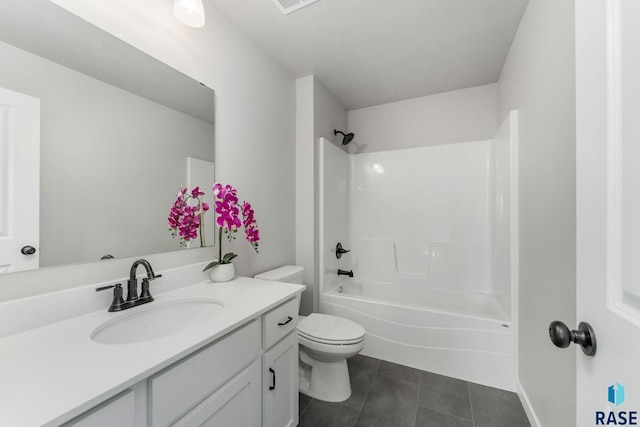 full bathroom with vanity, tile patterned floors,  shower combination, and toilet