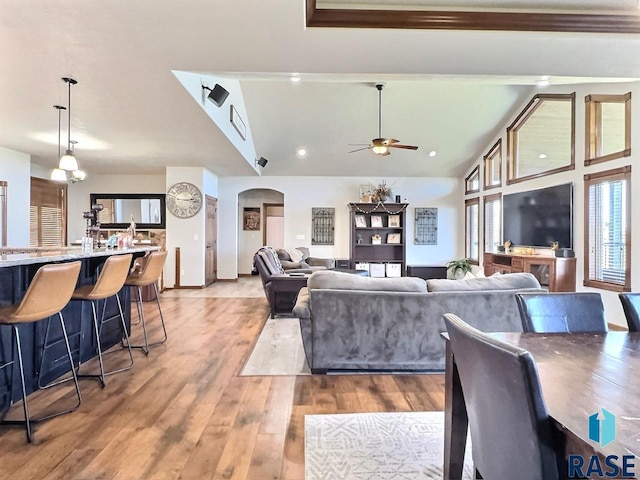 living room featuring hardwood / wood-style floors, ceiling fan, and lofted ceiling