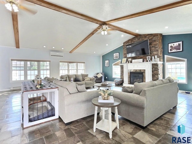 living room with a wall mounted AC, ceiling fan, lofted ceiling with beams, a baseboard radiator, and a stone fireplace