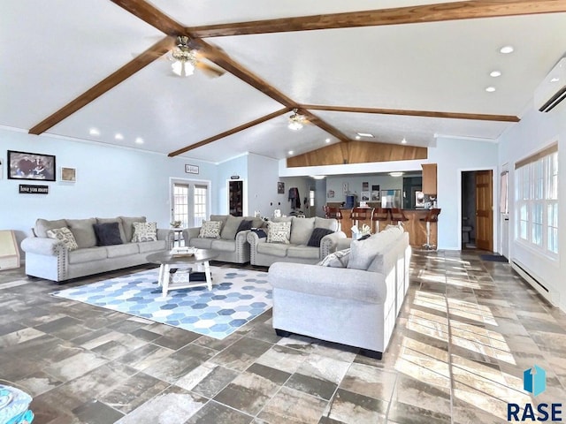 living room featuring a wall mounted AC, lofted ceiling with beams, baseboard heating, and ceiling fan