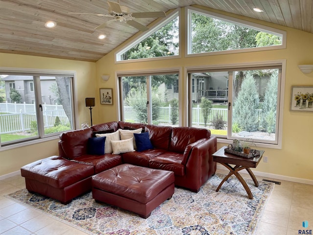 tiled living room featuring a healthy amount of sunlight, vaulted ceiling, ceiling fan, and wooden ceiling