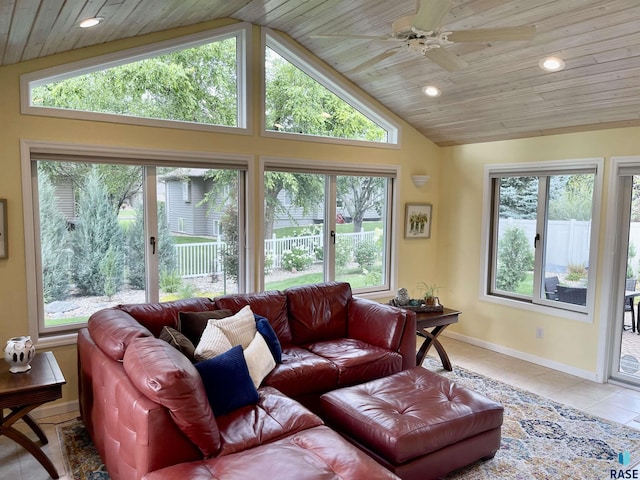 tiled living room featuring ceiling fan, wooden ceiling, and vaulted ceiling