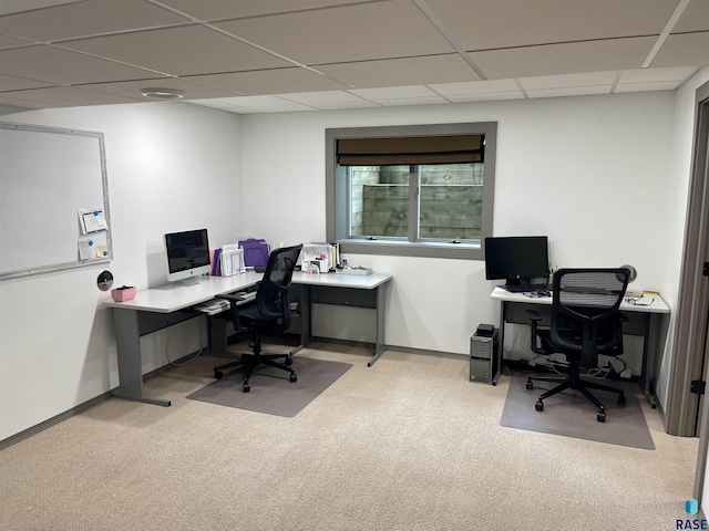 carpeted home office featuring a drop ceiling