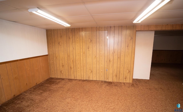 basement with carpet flooring and wooden walls