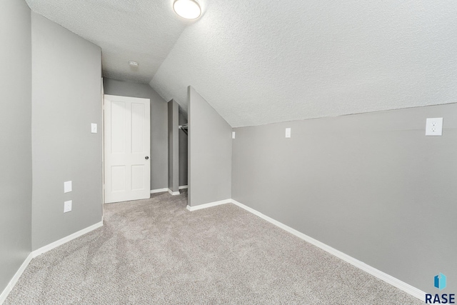 additional living space featuring light colored carpet, a textured ceiling, and vaulted ceiling