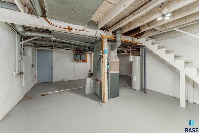 basement with heating unit and water heater